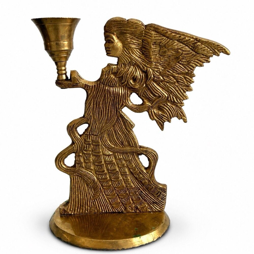 Vintage Brass Winged Angel Candle Holder Figurine Art Deco 7